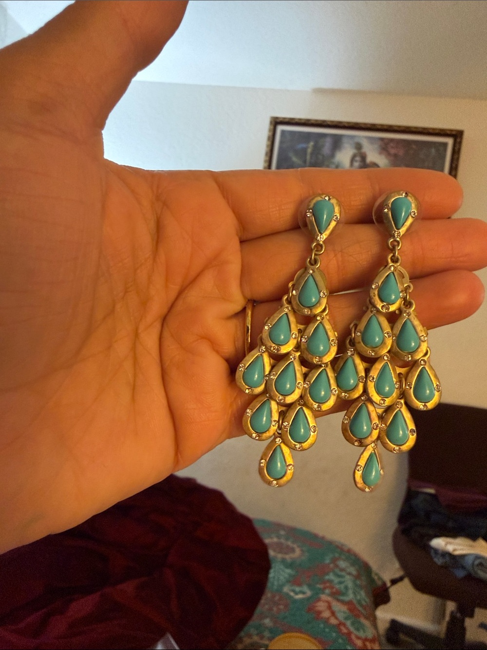 Gold-Tone Turquoise Teardrop Chandelier Earrings - Women Jewelry